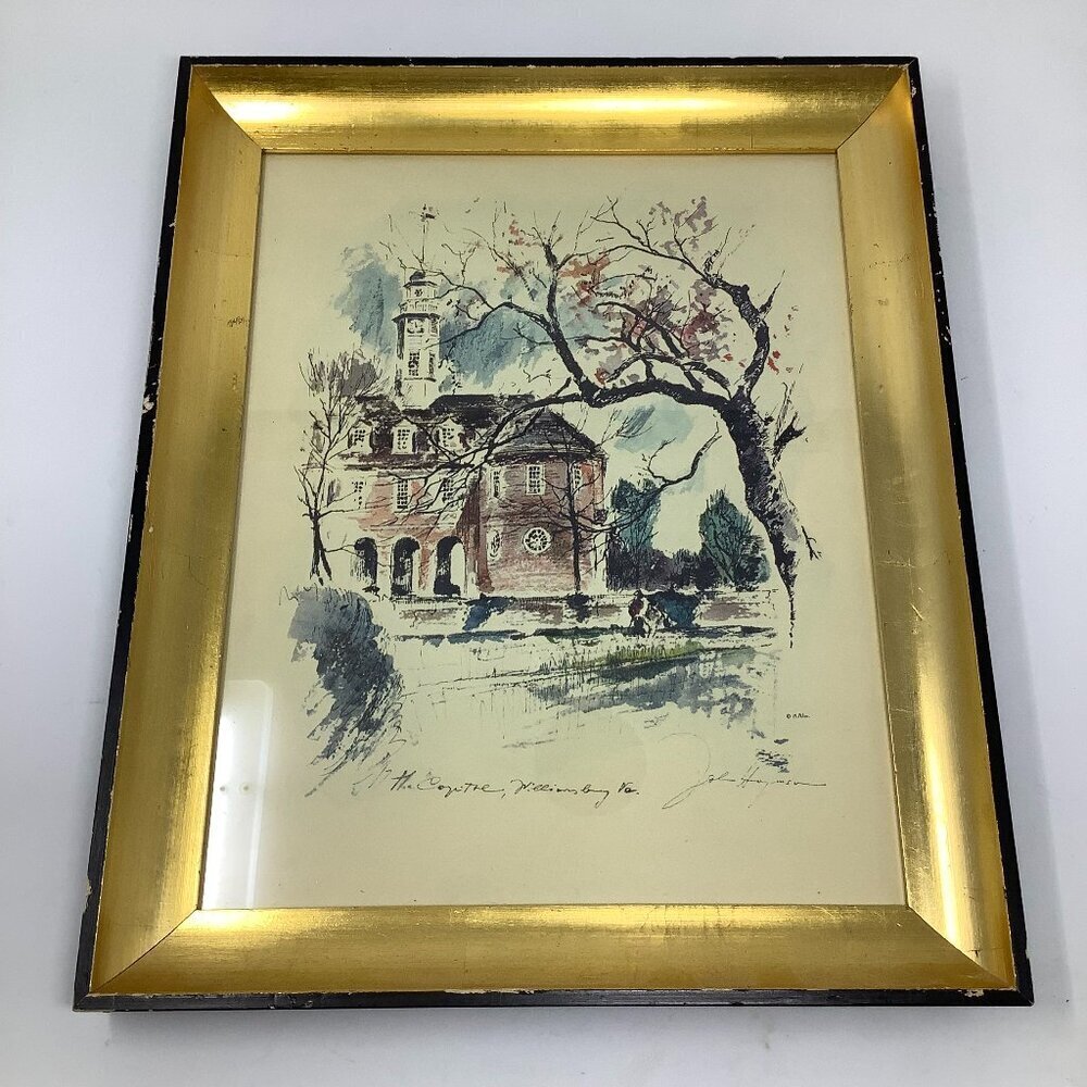 Framed art print Colonial Williamsburg watercolor John Haymson gold frame 14x17